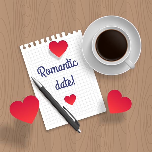 コーヒーと赤のハート ベクター 03 とロマンチックなメッセージ  