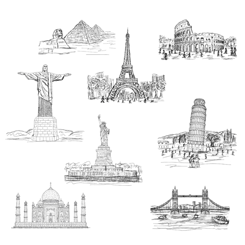 Sketch world famous buildings vector material  