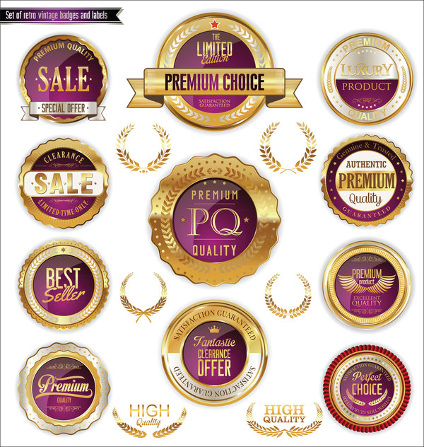 Violet with golden badges and labels laurel wreath vector  