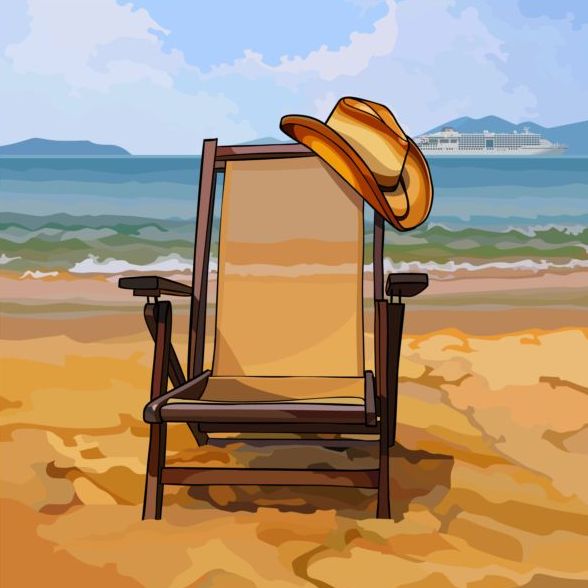 chaise longue avec un chapeau sur fond de vecteur de plage de sable fin  