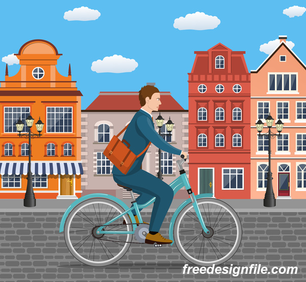 都市の通りの自転車で健康的なライフスタイルベクトル02  