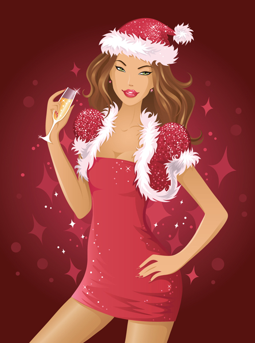 Stylish Christmas party girls design vector set 05  