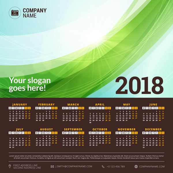 2018 calendar with green abstract background vector 02  