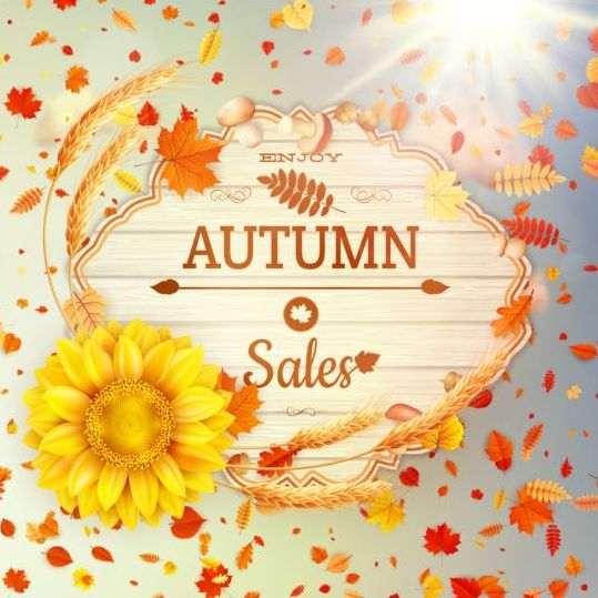 Осенняя распродажа этикеток с подсолнечным и листьями фонового вектора 08  