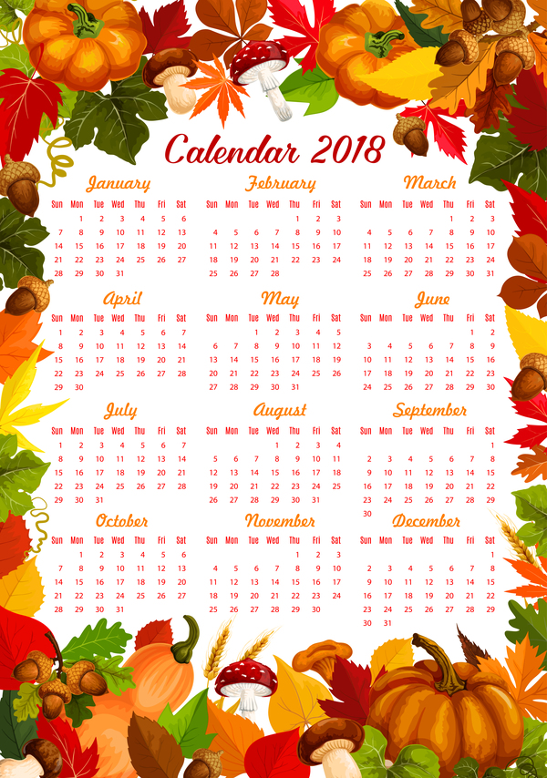 Autumn styles 2018 calendar template vector 07  