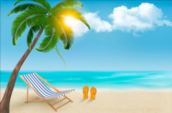 Beach chair and palms tree with travel background vector 01  