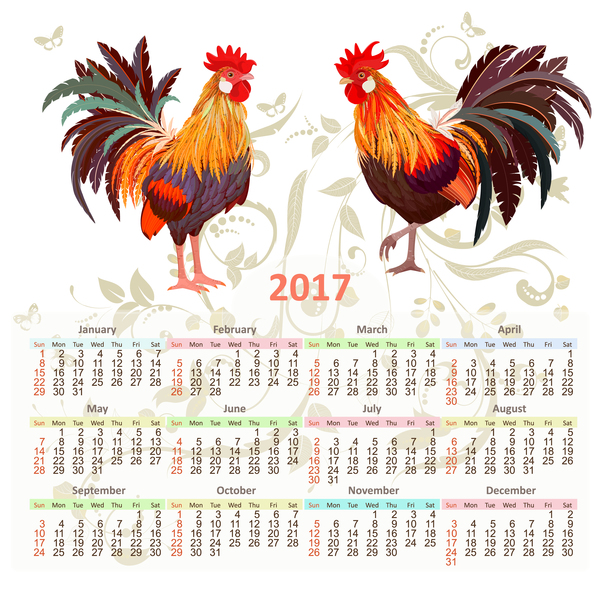 Calendar rooster 2017 vector template 04  