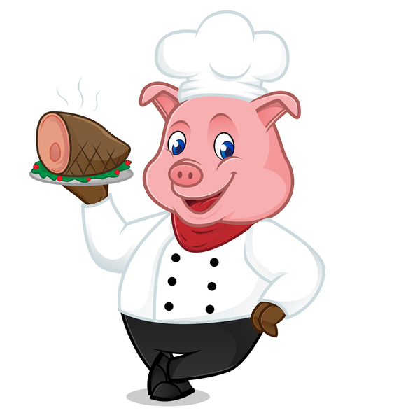 Chef pig cartoon with roasted ham vectors 01  