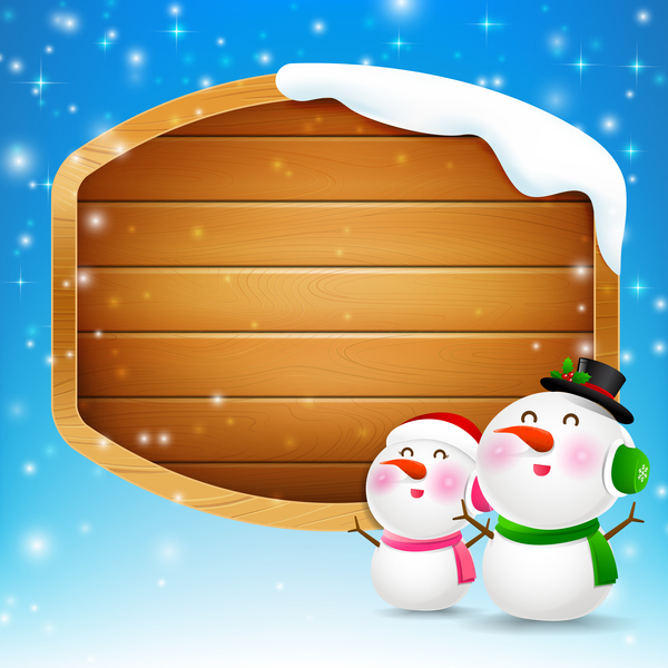 Christmas snögubbe och snö flicka med blank trä skylt vektor  