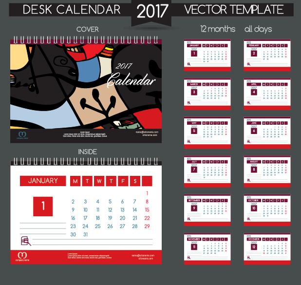 Desk calendar 2017 vector retro template 07  