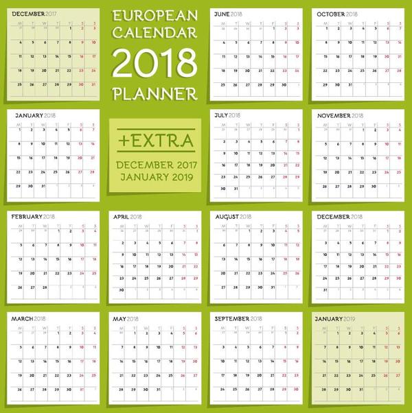 Fresh green 2018 calendar template vector  