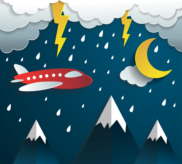 Night time rain with aircraft cartoon vector  