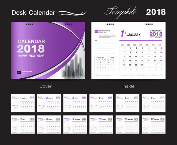 Purple calendar cover with 2018 desk calendar template vector 02  