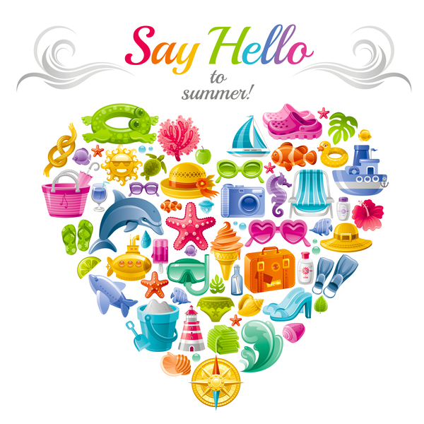 Summer travel elements with heart vectors 07  