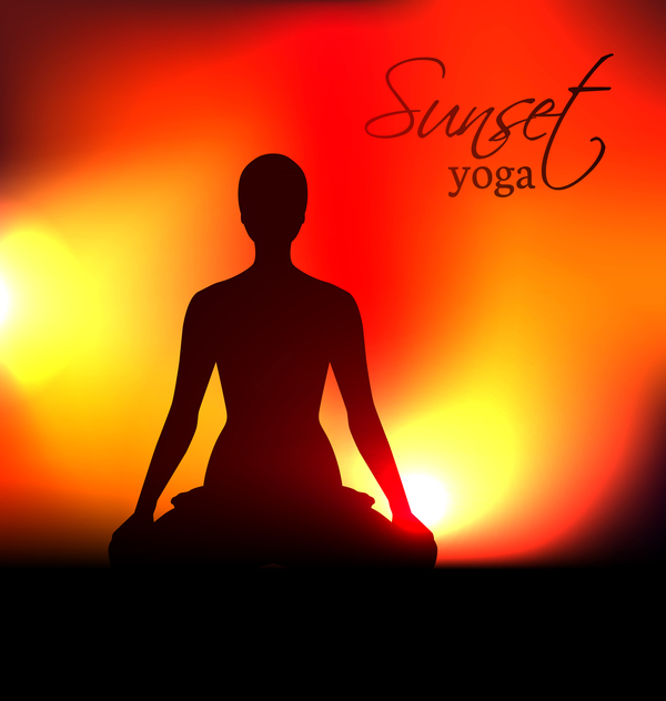 Silhouette de yoga avec le vecteur de fond coucher de soleil 01  
